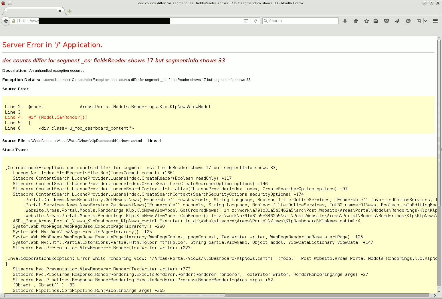 Stacktrace of exception shown to the user in the browser